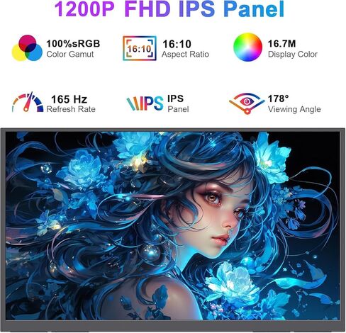 Portable Monitor 16" 165Hz 1920x1200P 133% sRGB 16:10 FHD Mini HDMI USB-C Gaming Monitor with FreeSync, HDR, Speakers, VESA, External Second Screen for Laptop, PS,Mac, Xbox,Switch2 in Kuwait