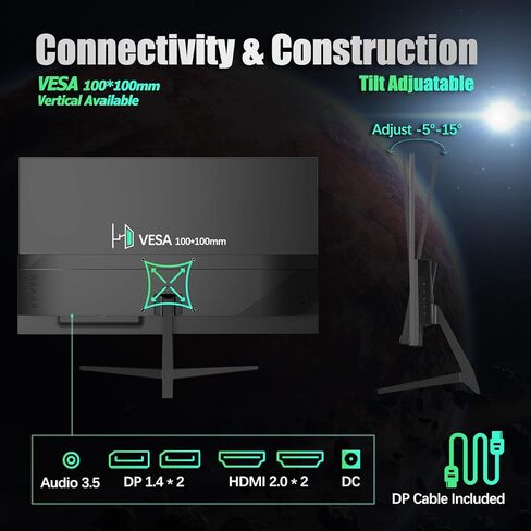 شاشة ألعاب 27 بوصة QHD 2560 x 1440p IPS، شاشة كمبيوتر 2K 180 هرتز 1 مللي ثانية، DP 1.4 x 2، HDMI 2.0 x 2، FreeSync (مزامنة متكيفة)، 138% sRGB، HDR 300، العناية بالعين، حامل VESA، متوافق رأسيًا in Kuwait
