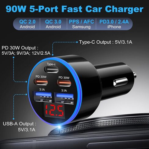 90W 5-Port USB C Car Charger, OKRAY 3-Pack Super Fast Charging PD30W 12v Cigarette Lighter Adapter USB-C&USB-A Multiport Car Phone Charger with Volt Meter for iPhone 17 16 15 14, iPad, Galaxy S25 A16 in Kuwait