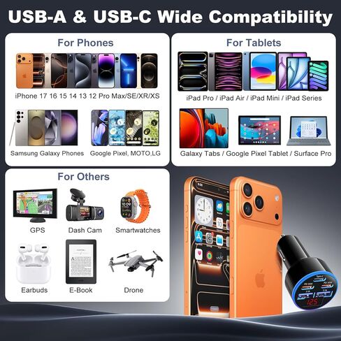 90W 5-Port USB C Car Charger, OKRAY 3-Pack Super Fast Charging PD30W 12v Cigarette Lighter Adapter USB-C&USB-A Multiport Car Phone Charger with Volt Meter for iPhone 17 16 15 14, iPad, Galaxy S25 A16 in Kuwait