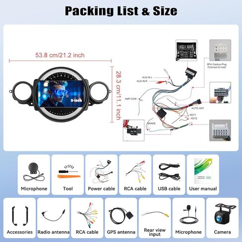راديو سيارة SixWIN 4G+128G Andriod لسيارة BMW Mini Clubman R55 / Mini Cooper R56 2007-2013 مع CarPlay Android Auto 9 بوصة شاشة تعمل باللمس Incell مع نظام تحديد المواقع العالمي (GPS) وكاميرا احتياطية وميكروفون in Kuwait