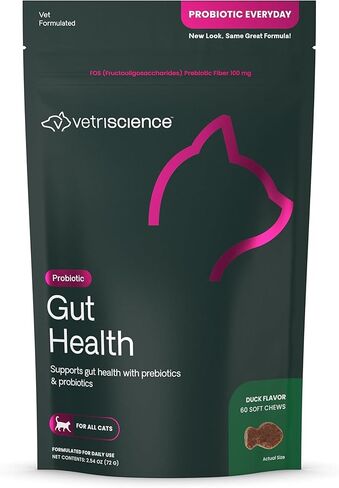 VetriScience بروبيوتيك يومي للقطط، مكمل لدعم الجهاز الهضمي، نكهة البط، 60 قطعة مضغ بحجم - البروبيوتيك والبريبايوتكس، الجهاز الهضمي ودعم المناعة in Kuwait