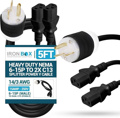 IronBox Electric - Heavy Duty NEMA 6-15P to 2X C13 Splitter Power Y Cable - Rated for 15A 250V - 14/3 AWG Jacket - Durable Y Splitter Power Cable - Ideal for Industrial and Commercial Use (5 feet) in Kuwait