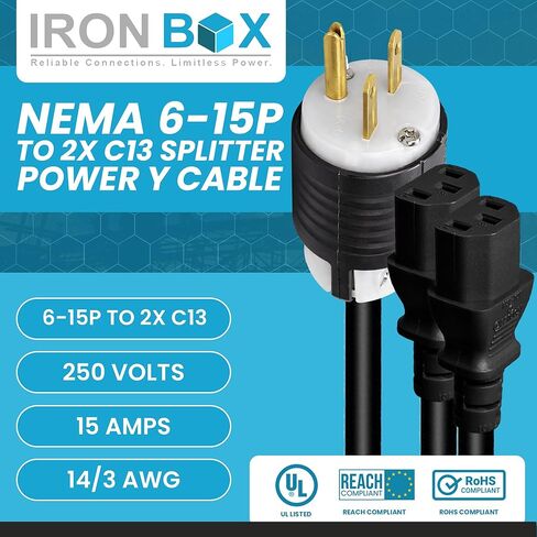 IronBox Electric - Heavy Duty NEMA 6-15P to 2X C13 Splitter Power Y Cable - Rated for 15A 250V - 14/3 AWG Jacket - Durable Y Splitter Power Cable - Ideal for Industrial and Commercial Use (5 feet) in Kuwait