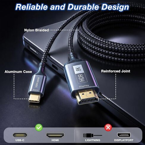 كابل USB C إلى HDMI 2.1 بطول 6 أقدام، 8K@60 هرتز 4K@240 هرتز Thunderbolt 3/4 متوافق مع MacBook Pro/Air، iPad Pro، iPhone 16/17، يدعم HDCP 2.3 وHDR10، سرعة عالية 48 جيجابت في الثانية لـ XPS، Galaxy S24، شاشة الألعاب in Kuwait