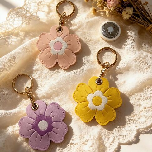 MC Fashion PU Leather Keychain Holder Case Compatible with AirTag, Cute 3D Floral Protective GPS Tracker Case Charm (Purple) in Kuwait