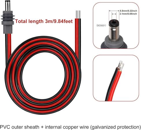 كابل طاقة DC5521 DC لـ Starlink Mini، 14AWG 5.5x2.1 مم/0.22x0.08 بوصة قابس ذكر إلى أسلاك التوصيل المصنوعة العارية 9.84 قدم/3 متر سلك تمديد لملحقات Starlink Mini التي يمكنك استبدالها بنفسك in Kuwait