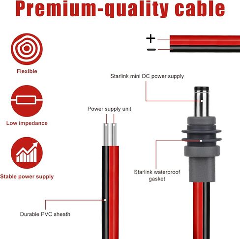 كابل طاقة DC5521 DC لـ Starlink Mini، 14AWG 5.5x2.1 مم/0.22x0.08 بوصة قابس ذكر إلى أسلاك التوصيل المصنوعة العارية 9.84 قدم/3 متر سلك تمديد لملحقات Starlink Mini التي يمكنك استبدالها بنفسك in Kuwait