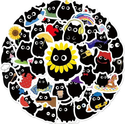 Black Cat Stickers, Cute Kawaii Stickers Waterproof Vinyl Gifts for Phone, Water Bottle, Luggage, Laptop, Adults Teens 50 Pieces in Kuwait
