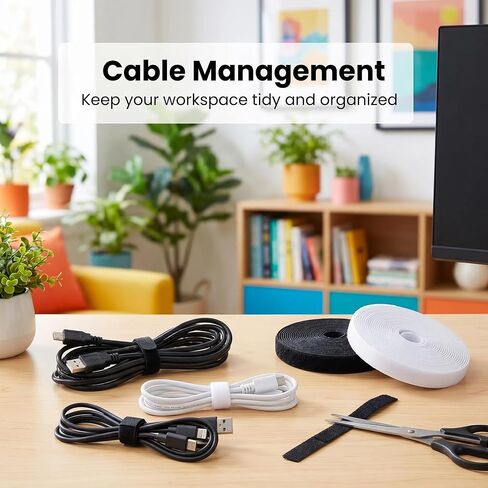 2Pack 5m x 12mm Reusable Cable Management Tie Roll, Multi-Purpose Hook and Loop Cord Organiser for PC Wires, Adjustable Cut-to-Size Fastener Wrap in Kuwait