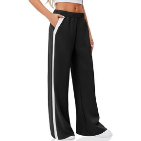 Fisoew Womens Wide Leg Yoga Sweatpants High Waisted Striped Workout Loose Casual Lounge Pants with Pockets
