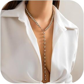 Pearl Lariat Necklace for Women 14k Gold Y Choker Necklace Dainty Silver Long Bead Necklace Adjustable Pearl Drop Necklace for Girl Fashion Wedding Bridal Party Jewelry Gifts