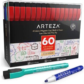 ARTEZA Black Dry Erase Markers with Erasers, Pack of 36, Fine Tip, Magnetic Whiteboard Markers for School
