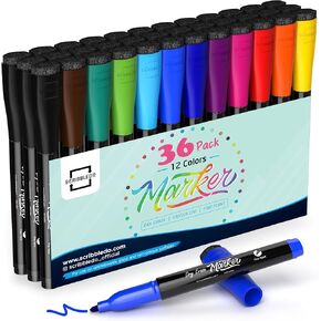 Scribbledo 36 حزمة علامات المسح الجاف طرف رفيع متنوعة الألوان الكلاسيكية علامات السبورة مع غطاء ممحاة رقيقة منخفضة الرائحة علامات لوحة بيضاء نحيفة للأطفال البالغين الطلاب المعلمين المنزل المدرسة والمكتب