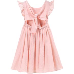IZYJOY Girls Summer Cotton Linen Dresses Ruffle Sleeveless Back Bowknot A-Line Swing Sundress Casual Solid Beach Midi Dress