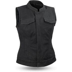 First Mfg Co - Ludlow - Women's Motorcycle Biker Riding Black Denim, Leather, Canvas Vest