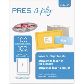 PRES-a-ply Laser Address Labels, 8.5 x 11 Inches, White, Box of 100 (30605)