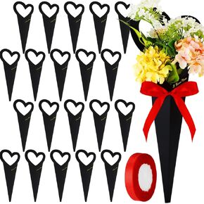 Thenshop 20Pcs Graduation Flower Bouquet Bag 18.3x7.1 in Heart Single Flower Sleeve Love Heart Floral Bouquet Bag Gift Florist Box with Ribbon for Single Rose Flower Anniversary Birthday Gift(Black)