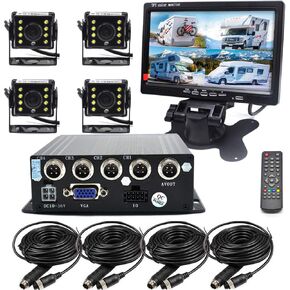 Padarsey 4 Channel 720P SD AHD HD Mobile Vehicle Car Dvr MDVR Real-time Video Recorder Kit with 4 Waterproof Side Rear Back View Night Vision Car Cameras 7 inches VGA Car Monitor for Truck Bus RV