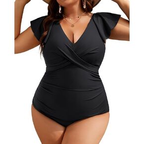 Yonique Women's Plus Size One Piece Swimsuit with Ruffle Sleeve Tummy Control Bathing Suit Vintage Swimwear