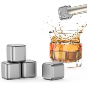 Titanium Whiskey Stones,(Set of 4) Titanium Whiskey Chilling Rocks,Reusable Titanium Metal Whiskey Ice Cubes for Drinking,Refreezable Non Melting Ice Cubes