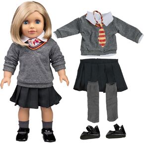6pc Hermione Granger Inspired Outfit- 18" Doll Clothes & Accessories Compatible w American Girl Dolls- Hogwarts Like School Uniform Includes Sweater, Shirt, Skirt, Tie, Socks & Shoes