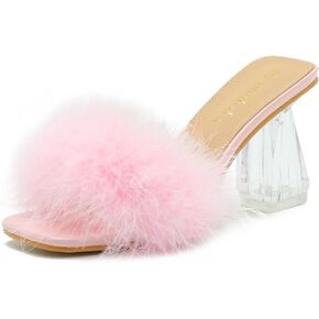 Omthanka Women's Square Toe Feather High Heels Mule Sandals Non Slip Transparent High Heels Wedding Bride Party Dress Shoes