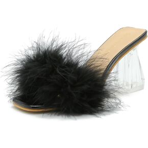 Omthanka Women's Square Toe Feather High Heels Mule Sandals Non Slip Transparent High Heels Wedding Bride Party Dress Shoes in Saudi Arabia