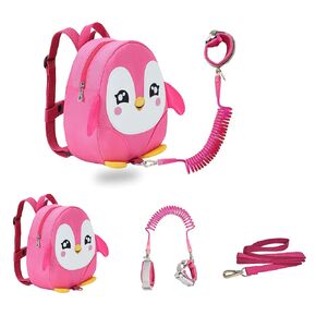 Penguin Toddler Backpacks with Leashes Anti Lost Wrist Link for 1.5 to 3 Years Kids Girls Boys Safety (Penguin, Pink)