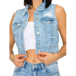 Women Junior Button Up Slim Fit Crop Sleeveless Distressed Jean Denim Vest Jacket