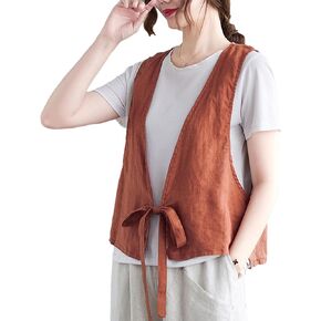 Women's Casual Cotton Linen Vest Vintage Sleeveless Open Front Kimono Cardigan V-Neck Blazer Waistcoat Tops