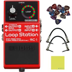 Boss RC-1 Loop Station Looper Pedal Bundle w/2x Strukture S6P48 Woven Right Angle Patch Cables, 12x Guitar Picks and Liquid Audio Polishing Cloth