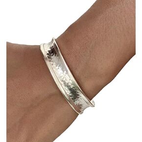 Hammered Sterling Silver Handmade 1/2 inches Wide Cuff Bracelet, Minimalist Shiny Silver Slight Concave and Framed Edges, Gift for Her