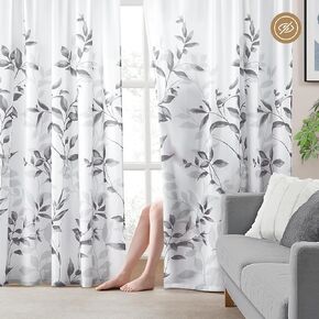 HOMEIDEAS Non-See-Through Light Grey Privacy Leaf Floral Printed Sheer Curtains 52 X 84 Inches Long 2 Panels Semi Sheer Curtains Light Filtering Window Curtains Drapes for Bedroom Living Room
