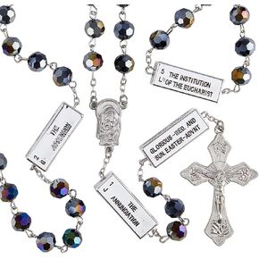 Engraved Mysteries of the Rosary Beads Catholic for Women and Men, Jet Black Colored Prayer Necklace, 24 Inches