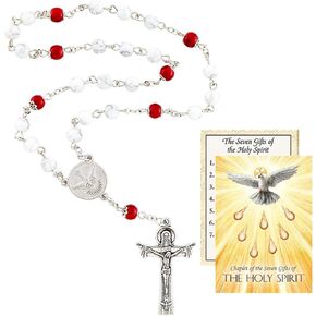 Confirmation Gifts of the Holy Spirit Chaplet with Recitation Prayer Card Rosary features White and Red Bead with Descending Dove Centerpiece and Trinity Crucifix, onesize