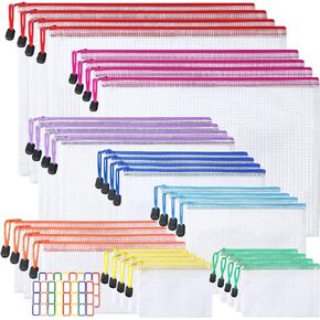 32Pcs Mesh Zipper Pouch,Waterproof Zipper Bags,8 Sizes 8 Colors Plastic Zipper Pouches,Multipurpose Zipper File Bags Document Pouch for Office School Supplies Home Organizing and Travel Storage