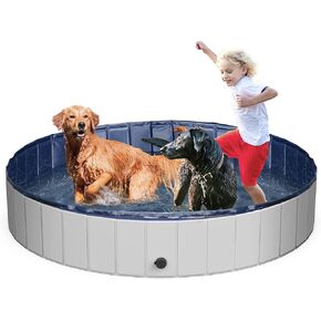 Foldable Dog Pool for Large Dogs, 63" Portable Kiddie Pool, Hard Plastic Swimming Pool & Bath Tub for Dogs & Kids, Indoor & Outdoor Pet Wading Pool