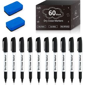 Dry Erase Markers, Lineon 100 Bluk Pack Black Whiteboard Markers with 2 Eraser, Fine Point Dry Erase Markers Perfect For Writing on Whiteboards, Dry-Erase Boards,Mirrors for School Office Home