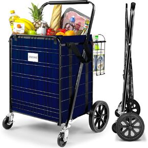 Shopping Cart, 330lbs Jumbo Double Basket Folding Shopping Cart with Waterproof Liner, Foldable Grocery Cart on Wheels with 360°Rolling Swivel Wheels Parking Brake Utility Cart in Kuwait