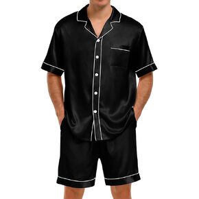 SWOMOG Men Satin Pajama Set 2 Pcs Loungewear Button Down Pjs Set Sleepwear Short-Sleeve Top and Shorts with Pockets