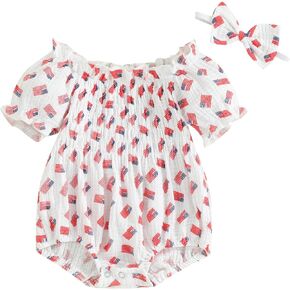 FYBITBO 4th of July Baby Girl Outfits American Flag Romper Dress Short Sleeve Ruched Bodysuit Jumpsuit with Headband Set