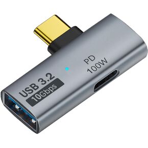 QIANRENON USB C 1 in 2 Charging OTG Adapter USB C Male to USB C Female & USB3.2 Female 90° Angle Connector, Same time USB C PD100W Charging+USB3.2 10Gpbs Transfer/OTG, for Phone Tablet Steam Deck