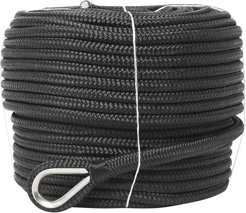 NovelBee 1/2" x 600' خط مرساة من النايلون مزدوج الجديلة مع كشتبان من الفولاذ المقاوم للصدأ، عبء عمل آمن: 1020 رطل؛ قوة الشد: 5100 رطل (أبيض) in Kuwait