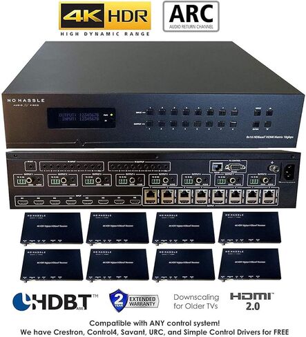 8x16 8x8 HDR 18GBPS HDbaseT 4K Matrix Switcher ARC Downscaling 16x16 مع 8 أجهزة استقبال HDMI 2.0a 2.0 CAT6 CAT5e HDMI HDCP2.2 توجيه SPDIF Audio CONTROL4 Savant Home Automation in Kuwait