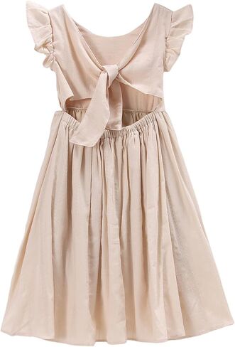 IZYJOY Girls Summer Cotton Linen Dresses Ruffle Sleeveless Back Bowknot A-Line Swing Sundress Casual Solid Beach Midi Dress in Saudi Arabia
