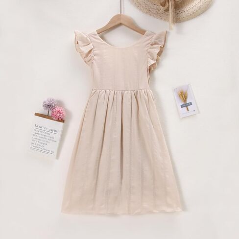 IZYJOY Girls Summer Cotton Linen Dresses Ruffle Sleeveless Back Bowknot A-Line Swing Sundress Casual Solid Beach Midi Dress in Saudi Arabia