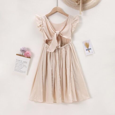 IZYJOY Girls Summer Cotton Linen Dresses Ruffle Sleeveless Back Bowknot A-Line Swing Sundress Casual Solid Beach Midi Dress in Saudi Arabia