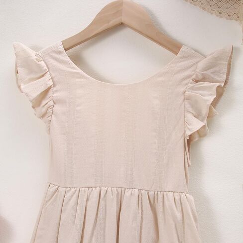 IZYJOY Girls Summer Cotton Linen Dresses Ruffle Sleeveless Back Bowknot A-Line Swing Sundress Casual Solid Beach Midi Dress in Saudi Arabia
