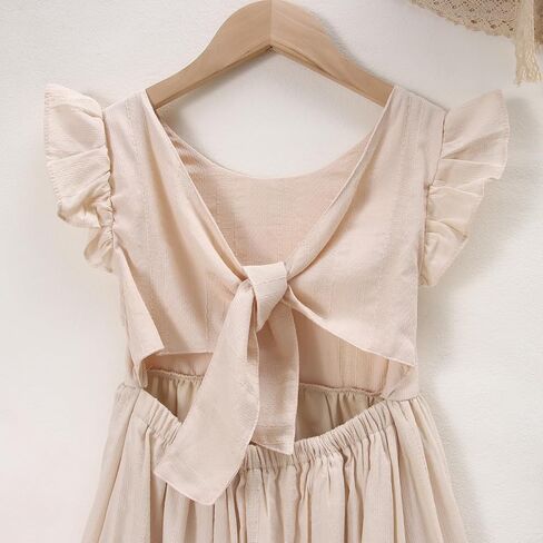 IZYJOY Girls Summer Cotton Linen Dresses Ruffle Sleeveless Back Bowknot A-Line Swing Sundress Casual Solid Beach Midi Dress in Saudi Arabia